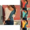 Elegant Women T-shirts Long Sleeve Round Neck Patchwork Pullover Slim Fit Female Tops