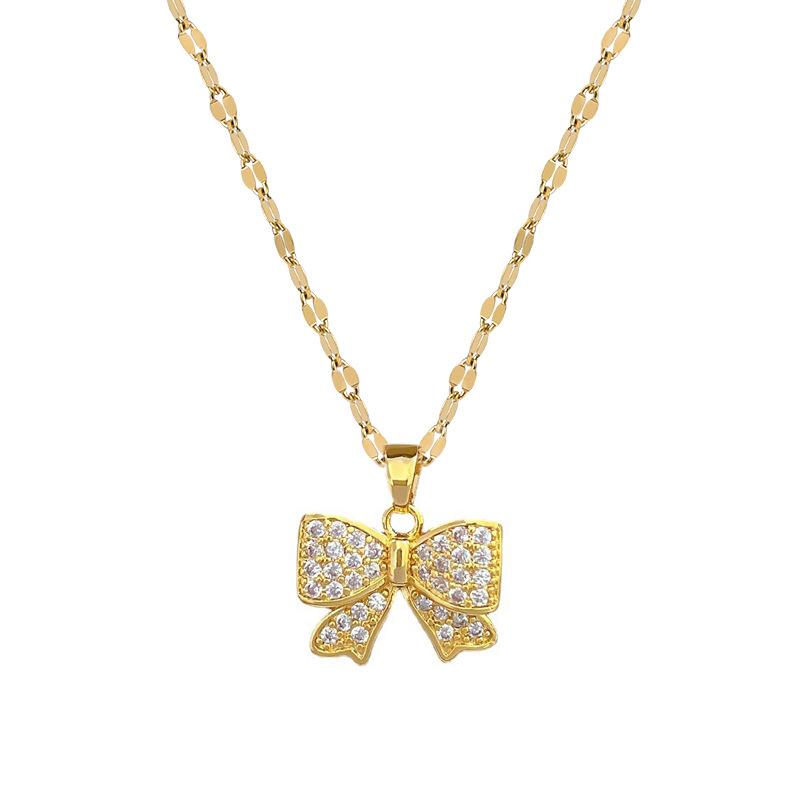 Titanium Steel Light Luxury Temperament Gorgeous Full Diamond Bow Necklace Women'S Versatile Collarbone Chain Titanium Steel Chain