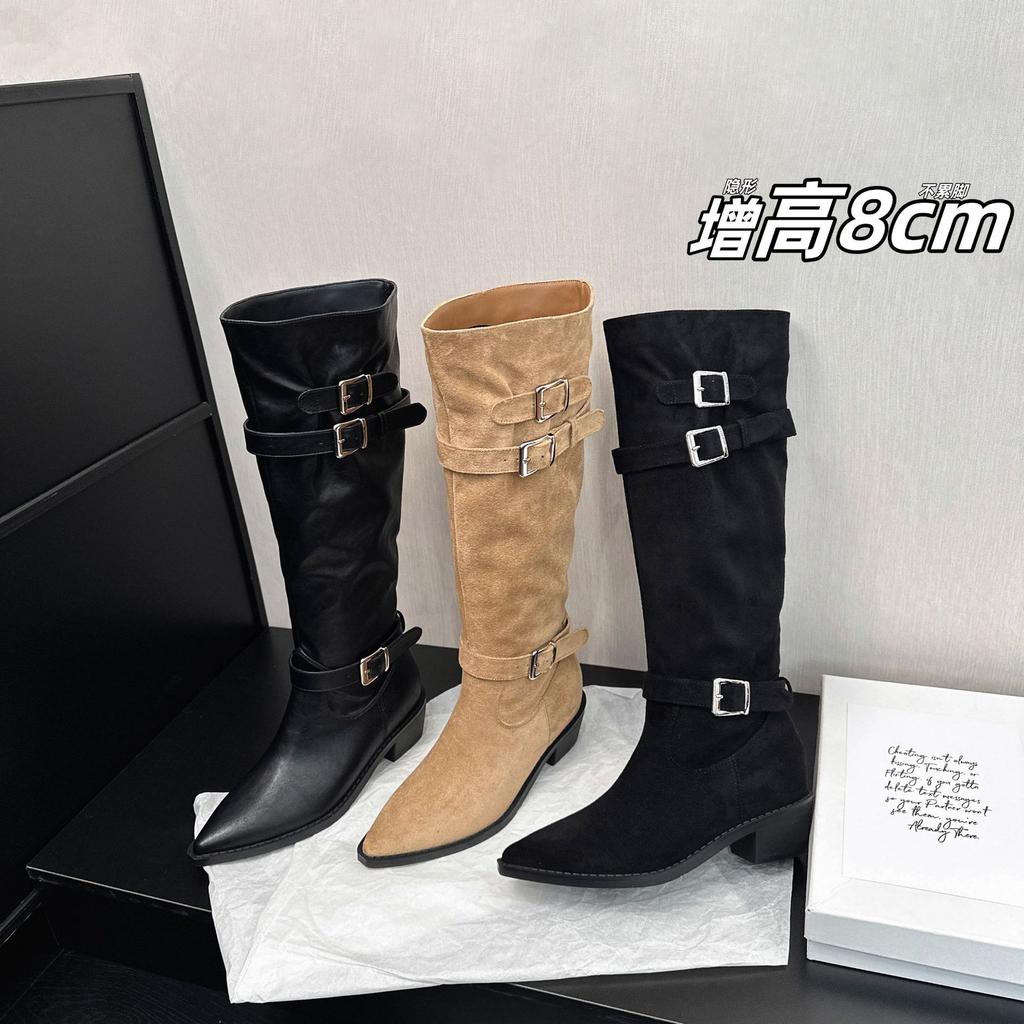 Leather Inner Height Increase Retro Belt Buckle Thick Heel Boots But Knee Thin Knight Boots Pointed Pleated Pile Boots