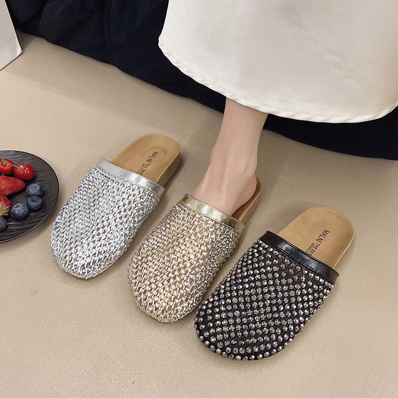 Full of diamonds, rhinestones, fishing nets, sandals for women to wear 2025 new summer breathable hollowed-out one-pedal bag head and half-tow Birkens