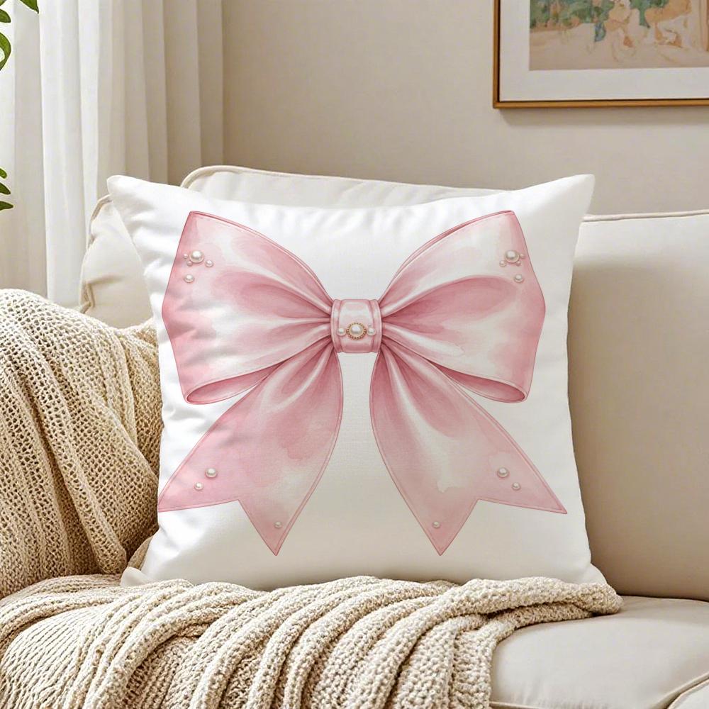 Pink Bow Pattern Cushion Cover Breathable Organic Short Plush Cushion Covers Machine Washable Wrinkle-Resistant Soft Durable