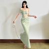 French Sexy Vacation Design Sense Summer Fashion Temperament New Hollow Lace Splicing Pleated Slanted Shoulder Dress