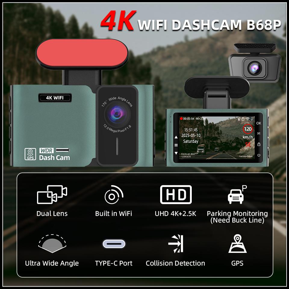 E-ACE 4K Dash Cam 2.5K Rear View Camera Dual Lens Dual Channel Car Dvr Support WIFI GPS Night Vision Loop Recording Black Box