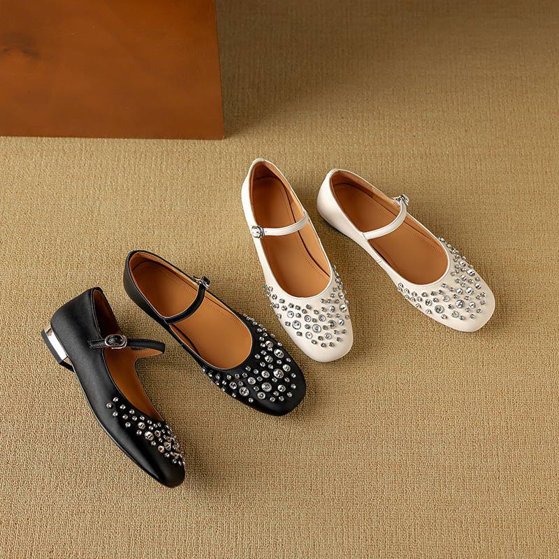 Krazing Pot Sheepskin Summer Autumn Size 40 Low Heels Crystal-studded Mary Janes Square Toe Gladiator Shallow Pumps