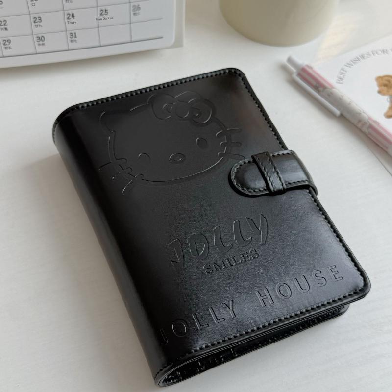 Kawaii Kitty A7 Retro Small Notebook Black Faux Leather Binder Portable Diary Set With Card Holder Student Stationery Supplies