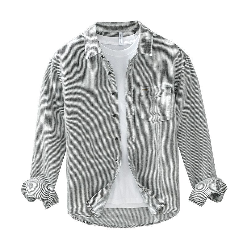 Men's Striped Cotton-Linen Shirt, Spring and Autumn Casual Comfortable Turn-Down Collar Loose Linen Long-Sleeve Versatile Shirt