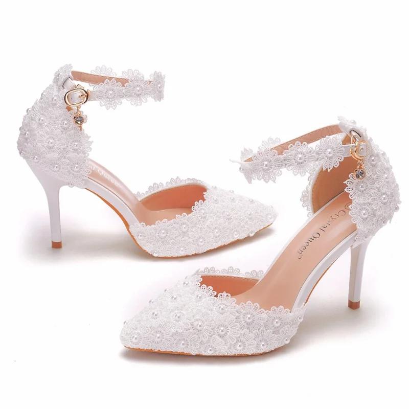  Fashion Girl High Heels Woman Pointy Lace Rhinestone Bridal Wedding Shoe Thin Dress Versatile Women Female Sandals Shoes