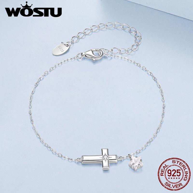 WOSTU 925 Sterling Silver Classic Cross Style Zircon Chain Bracelet For Women Fashion Stacking Cross Wrist links Family Gift