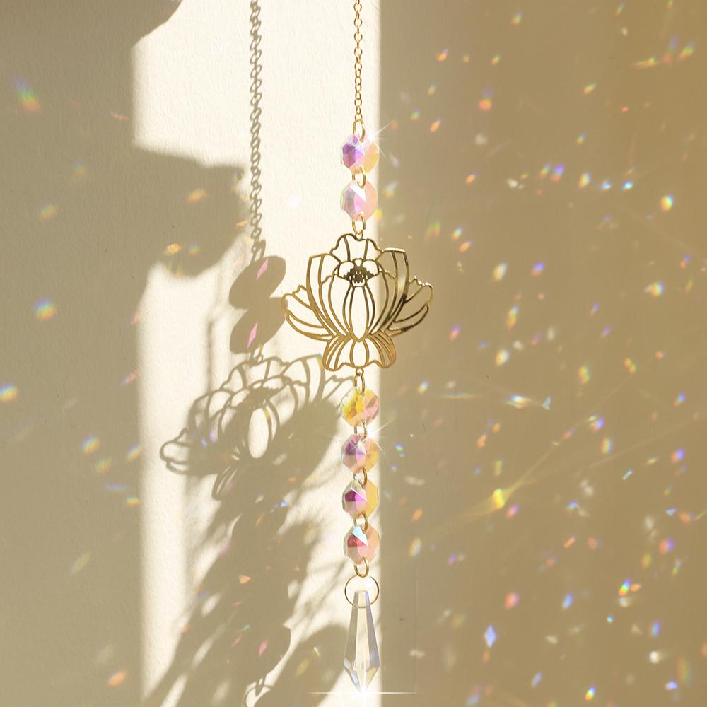 Sun Catcher Crystal Lotus Hanging Crystals Stained Glass Suncatcher Outdoor Decor Rainbow Maker Prism Chakras Garden Decoration
