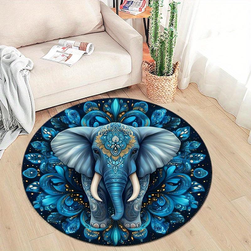 Blue Floral Mysterious Totem Elephant Pattern Print Round Carpet - Suitable for Bedroom, Living Room, and Home Decoration