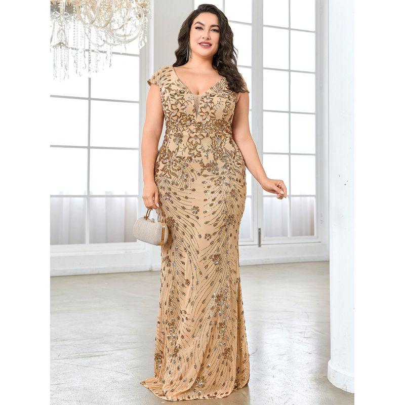 New European and American Style Plus-Size Sequined Evening Dress, Elegant Slim-Fit Fishtail Gown, Long Dress for Toasting At Weddings