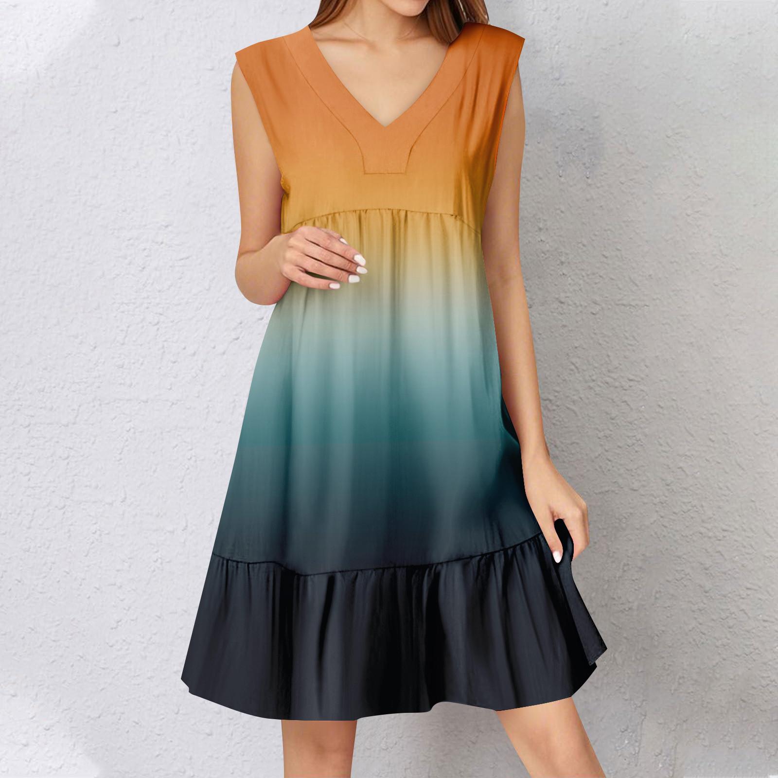 

Womens Summer Dress Sleeveless V Neck Printing Short Dresses Fashion Casual Flowy Boho Ruffle A Line Swing Sundress L помаранчевий