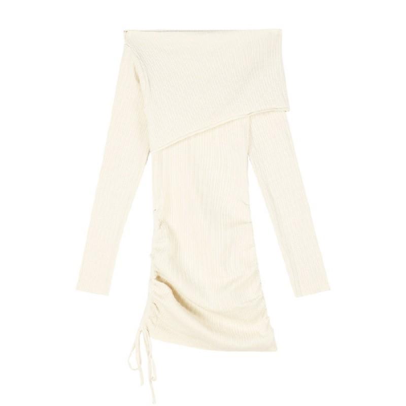 Pure Desire Hot Girl One-word Off-the-shoulder Long-sleeved Knitted Dress Women Sexy Slim Tight Drawstring Package Hip Short Skirt