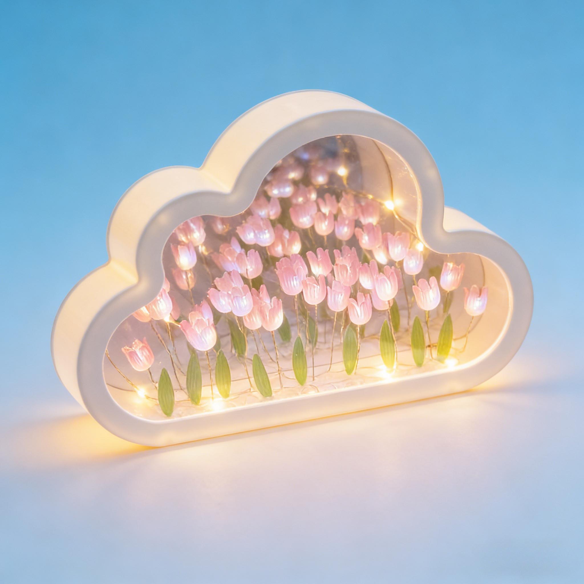 

DIY Cloud Mirror Tulip Lamp Night Light Girl Bedroom Ornaments Photo Frame Handmade Glass Bedside Sleep Light Christmas Gifts рожевий