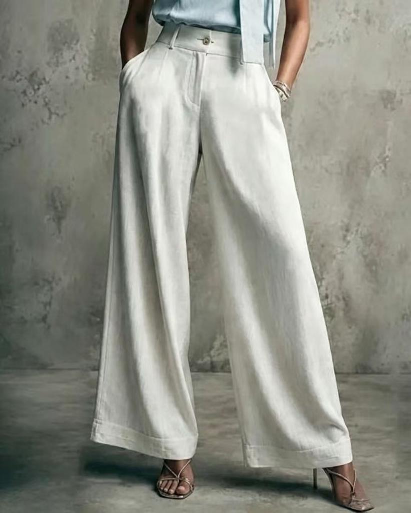 Women High Waisted Wide Leg Palazzo Pants Light Blue Denim Look Trousers