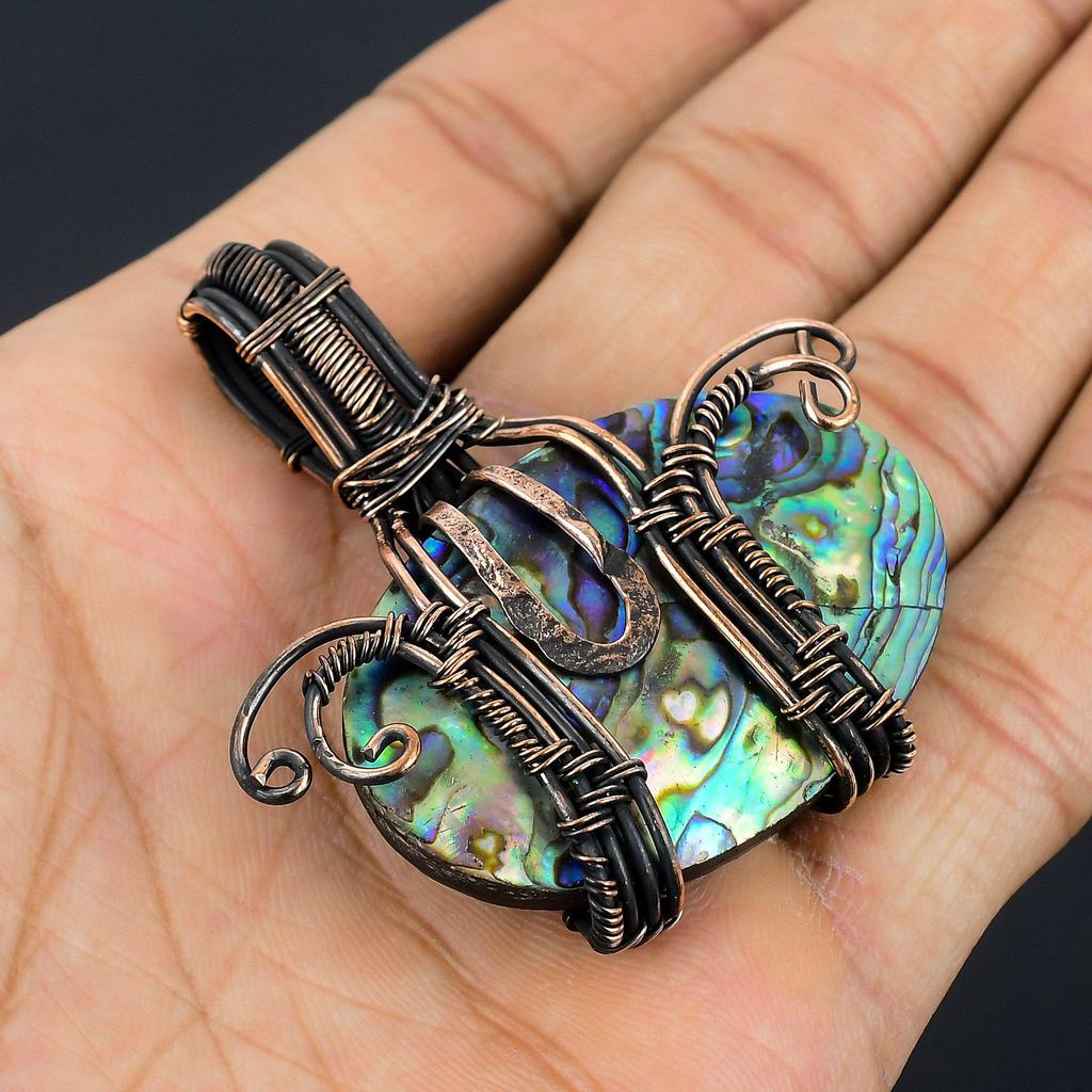 Abalone Shell 999 Copper Wire Wrapped Pendant, Handmade Gemstone Pendant Jewelry, Gifts For Wife Brand New Pendant