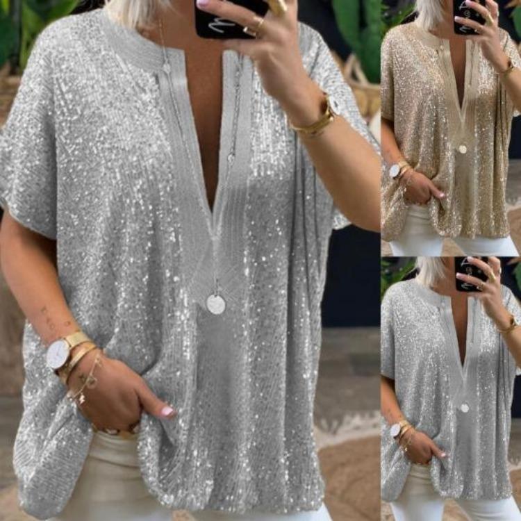 V Neck Short Sleeve Blouse Loose Tops Women Ladies Vacation T-shirt Wide Hem