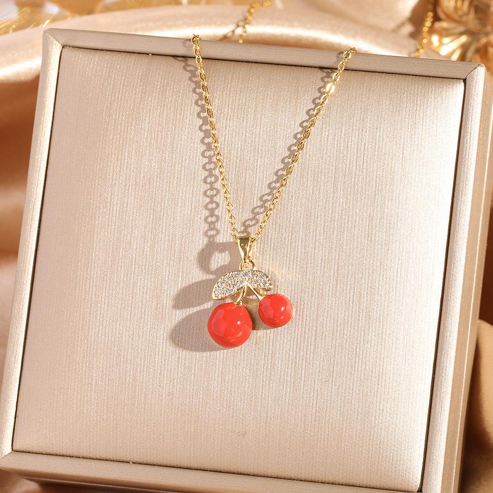 Fashion Zircon Cherry Pendant Titanium Steel Necklace Women's Collarbone Chain Jewelry