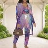 Women Plus Size Purple Butterfly Printed Long Sleeve Open Front Cardigan Crop Top Long Pants Three Piece Set