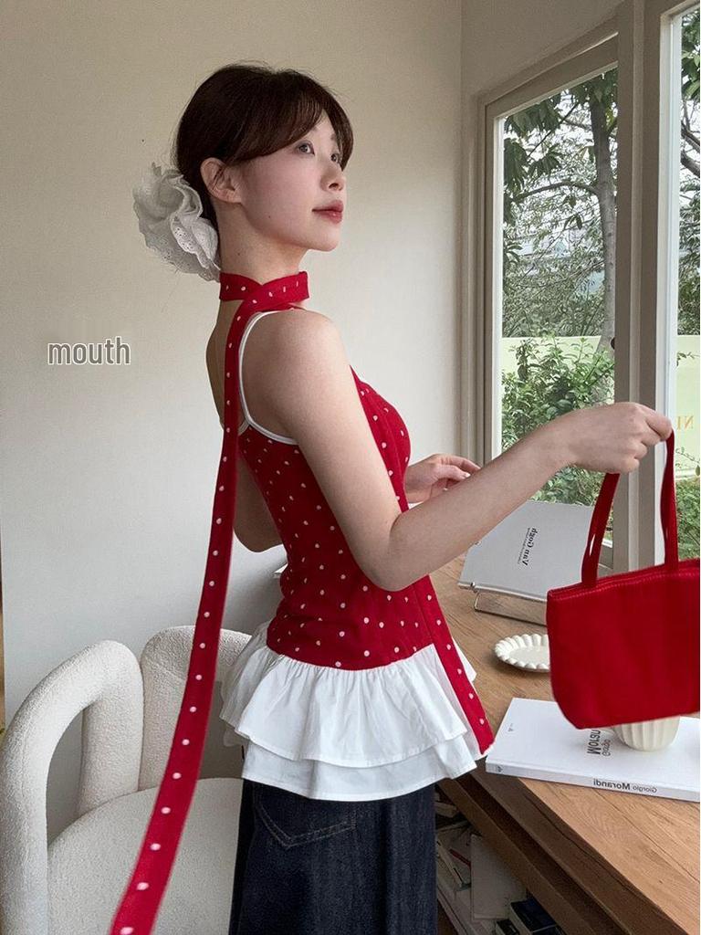 2025 Summer Women's Polka Dot Ruffle Cami with Bow - Trendy and Slimming