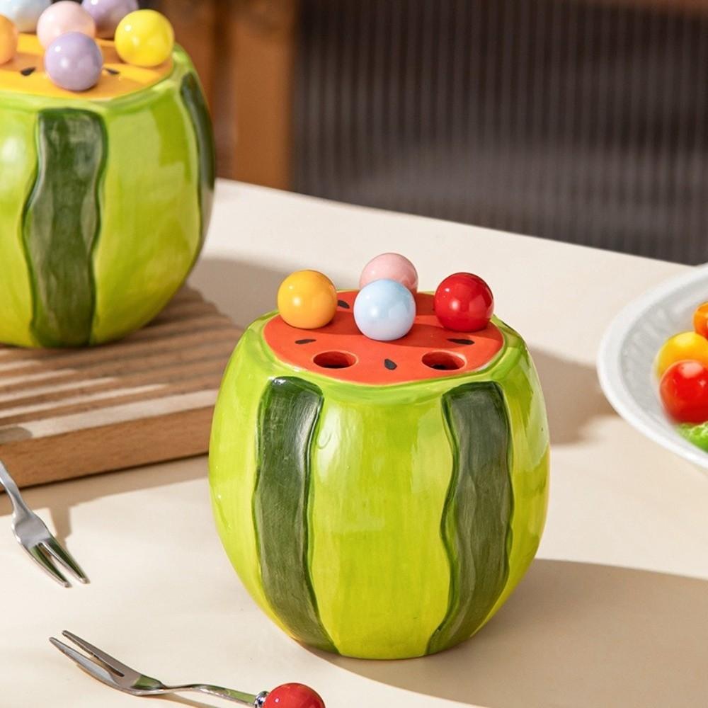 Stylish Cartoon Watermelon Fruit Fork Set Decorative Cute Stainless Steel Fruit Fork Set Ceramic Dessert Cake Fork BBQ