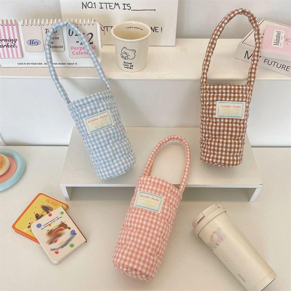 Plaid Design Water Bottle Protective Cover Heart Embroidery Thermos Cup Sleeve  For Men And Women