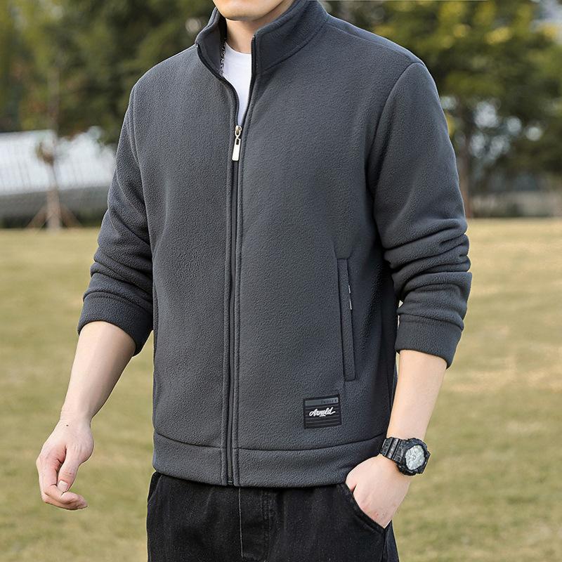 Men's Standing Collar Casual Cardigan Fleece Jacket Plus Velvet Thickened Warm Fleece Jacket