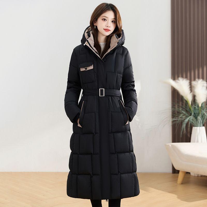 Thickened Winter Hooded Long Padded Jacket Slim Waist Design Warm Coat for Ladies