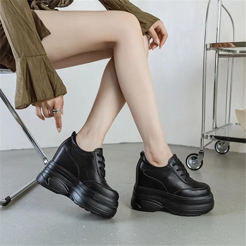 11cm Genuine Leather Women Fashion Platform Sneakers High Hidden Heel Wedge Walking Shoes Brides Wedding Shoes Tennis Shoes