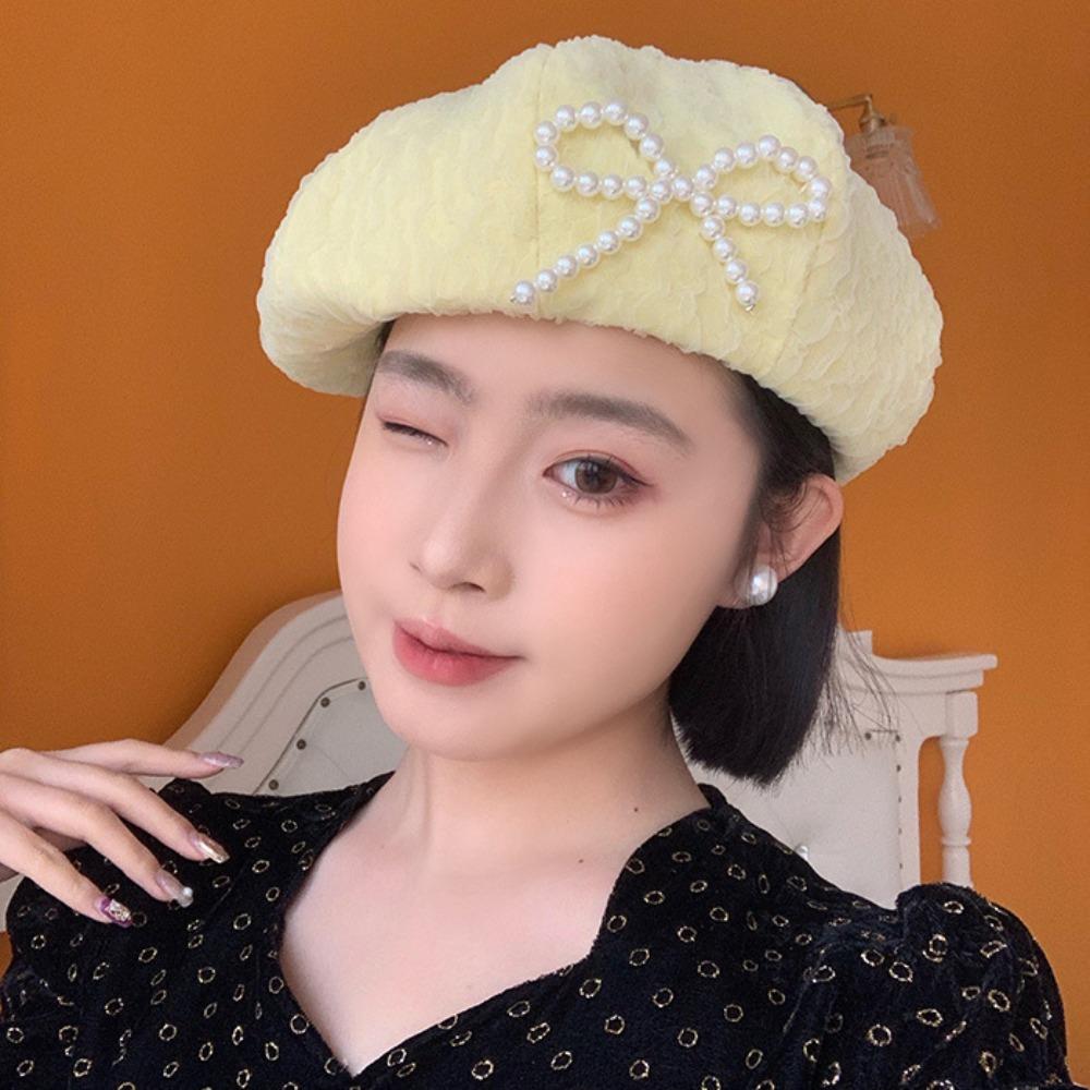 Y2K Lace Berets Cap Street Style Women Artist Hat Casual Pearls Bow Soft Hat  Girls