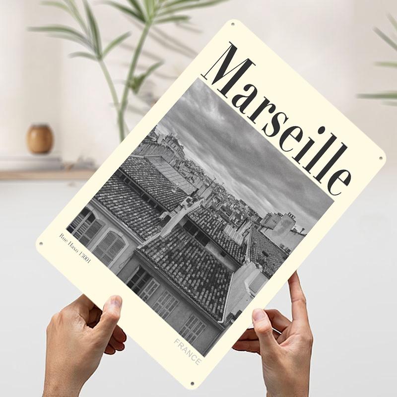 Marseille Cityscape Black and White Metal Poster Custom Wall Art Retro Vintage Tinplate Signs for Man Cave Decoration Home Decor