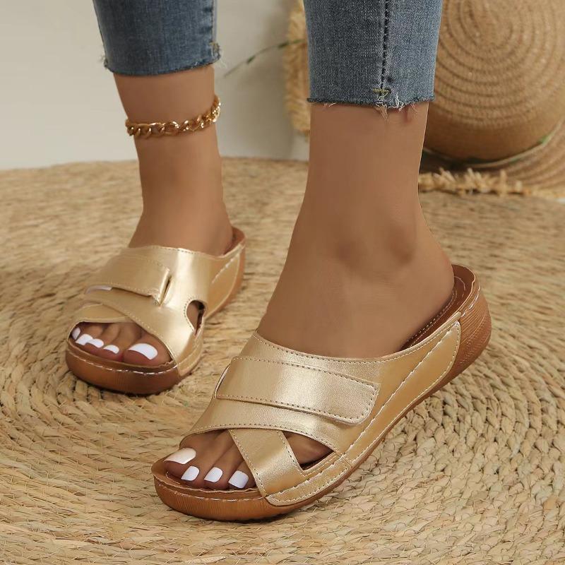 Large size thick-soled hollow slippers summer new casual Velcro women's slope heel cool slippers