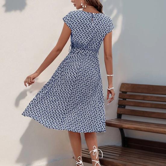 Women's Floral Printed Midi Dress Casual Crew Neck Short Sleeve Swing Dress with Belt Summer Beach Pleated Sundress