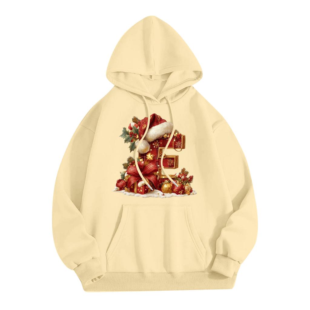 Women's Casual Comfortable Long-Sleeved Christmas Letter-Printed Warm Hooded Crew-Neck Sweatshirt