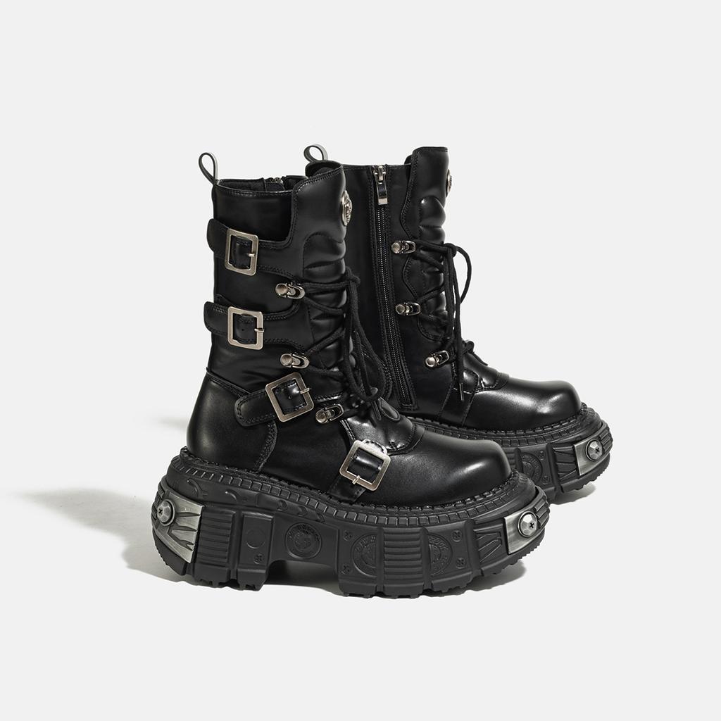 Metal Platform Middle Tube   New Dark Punk Increased Lace-up Female Zipper Girl Motorcycle Boots Women