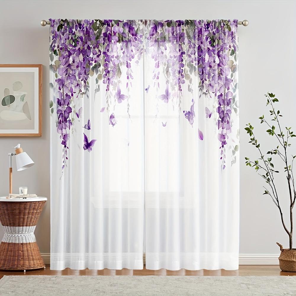 

Set Of 2 Elegant Wisteria Floral Print Curtains Soft Polyester Bedroom Living Room Home Decor Curtain For Made With Rod Pocket W100*H70(CM)-Hooks&2PCS