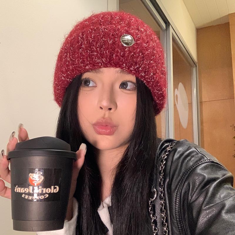 New Simple Button Wool Hat Women's Autumn and Winter Big Head Circumference Versatile Warm Knitted Hat Simple Ear Protection Cold Hat