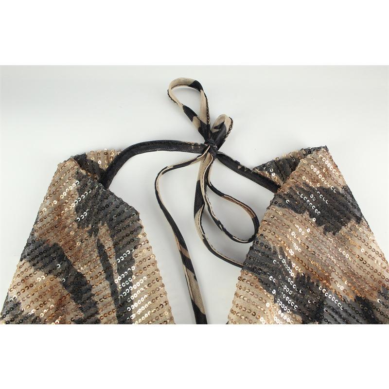 Rochie de damă, sexy, cu decolteu în V, rochie clasică cu paiete cu imprimeu leopard