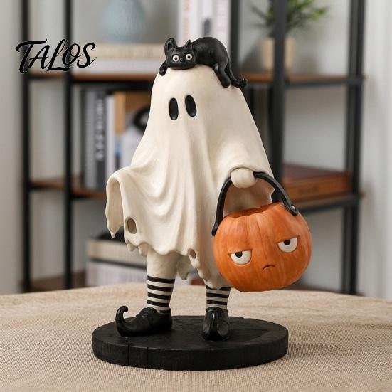 Small Statue for Mantels Cute Ghost Statue, Resin Black Cat Holding Pumpkin Bucket Ornament, Halloween Figurine Home Holiday Party Table Mantel