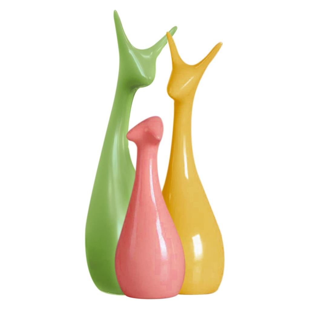 Home Décor Lucky Deer Family Set | Piano Finish Ceramic Figures - (Set of 3 Yellow, Pink, Parrot Color)