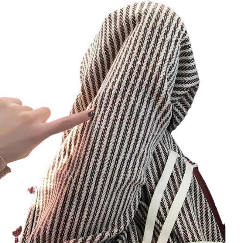 150 Petite Drawstring Woolen Striped Wide Leg Pants for Women - Spring/Autumn, Floor-Length, Straight Leg, Loose Fit