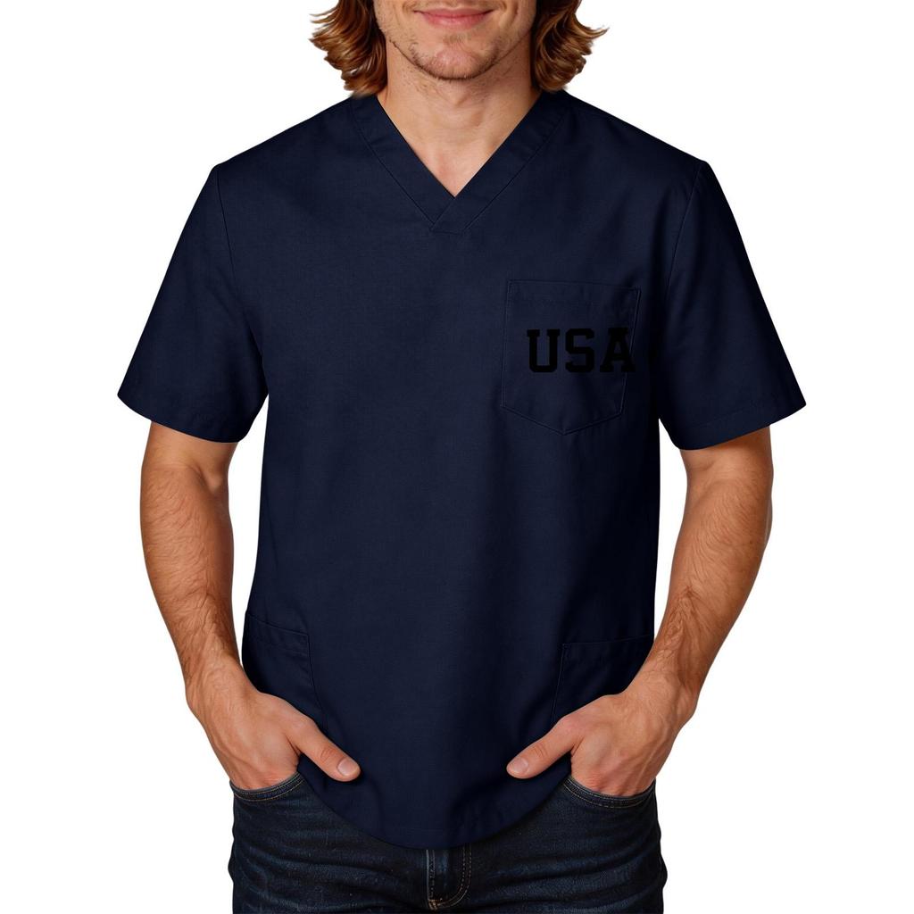 Men's Short Sleeve V-Neck Pocket T-Shirt with Labor Day Print, Uniform Top