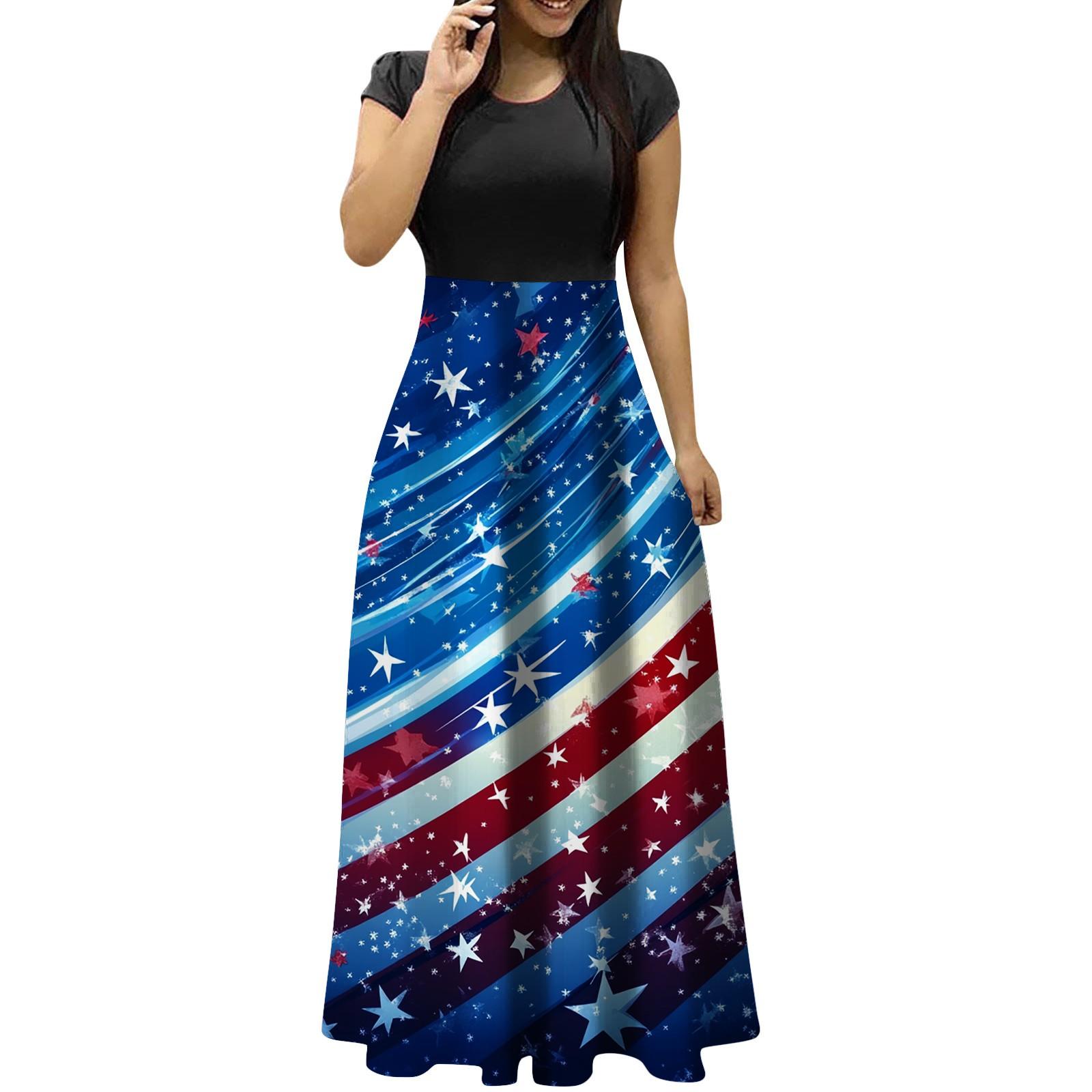 

Women s Fashion Casual Round Neck Independence Day Elegant Temperament Short Sleeve Dresses XXXL