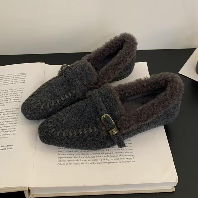 Pelz Damen Baumwollschuhe Ballerinas Mode Lässige Wildleder Slipper Schuhe für Frau Schneestiefel Neu Komfort Eckige Zehenpartie Mujer Zapatos