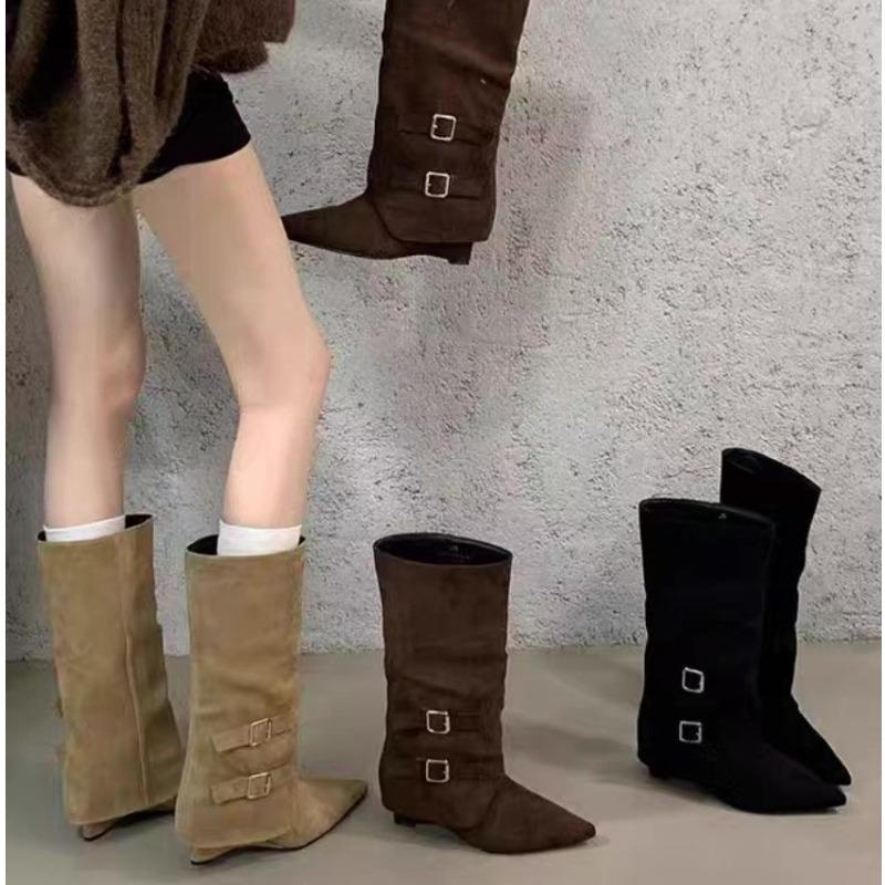 New Style Luxury Boots Vintage Pointed Toe Block Heel Plus Size Metal Belt Buckle Skinny Thigh Boots Scrub Leather Tall Boots