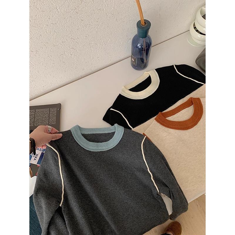 Contrasting color crew neck knitted bottoming shirt women's spring slim-fitting and thin top, warm inner sweater