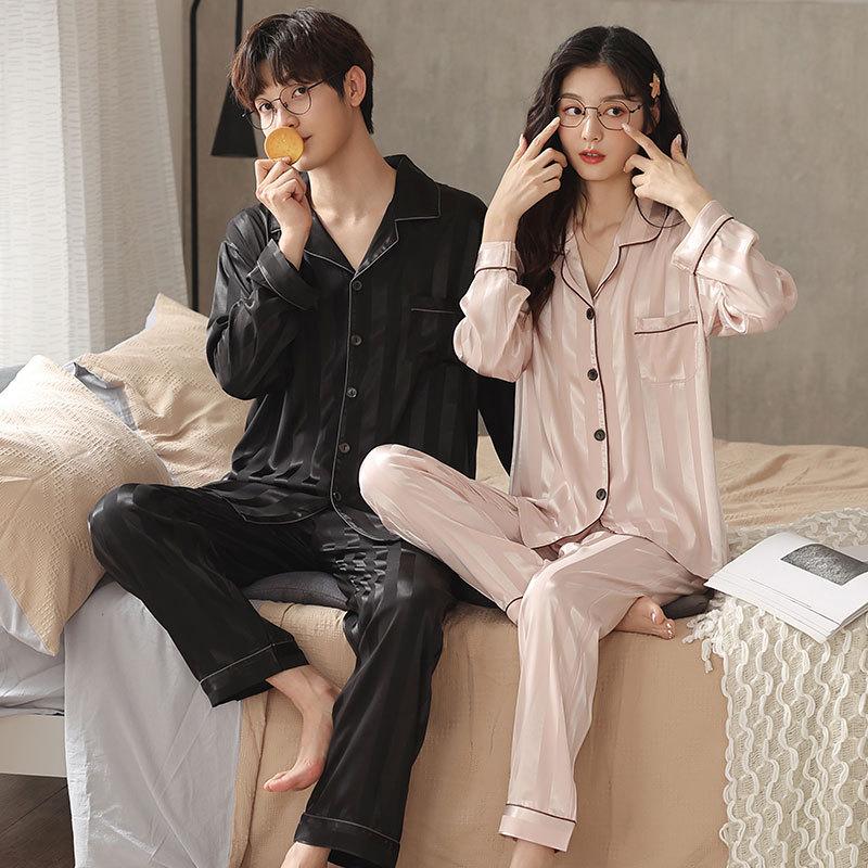 Striped Couple Pajamas Women'S Spring And Autumn Ice Silk Long-Sleeved High-End Silk Men'S Loungewear Suit