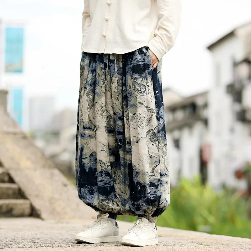 2026 Spring Men Retro Tie Dye Casual Pants Men Loose Wide Leg Lantern Pants Tai Chi Pattern Pants Women Leisure Long Trousers