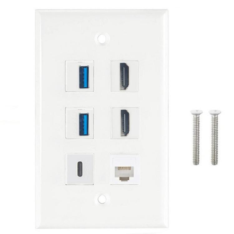 Decorative Wall Panel 6 Port HDTV USB3.0 Type C CAT6 Keystone Port RJ45 6 Port White Decorative Face Panel for Wall