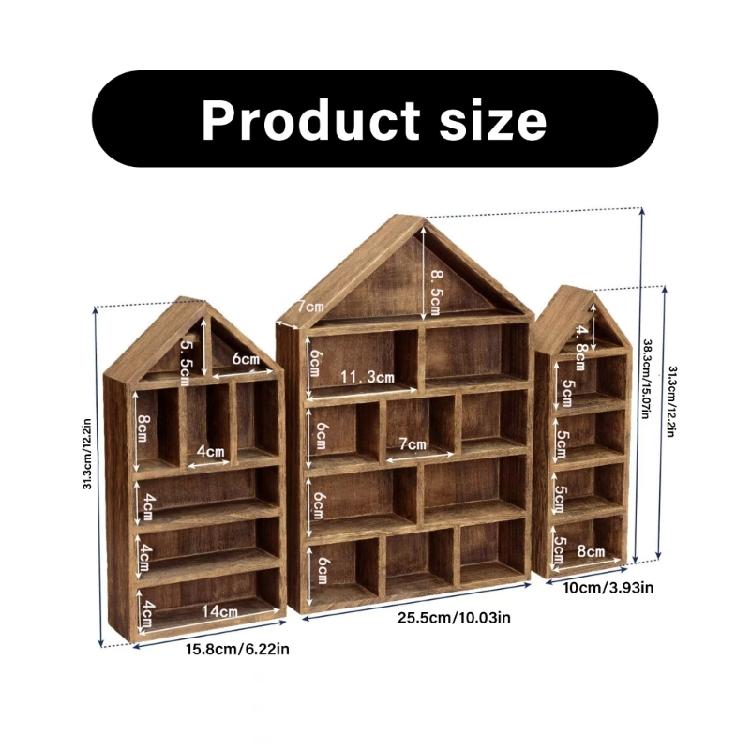 3Piece Wall Mounted Display Shelves Set Wooden Curios Cabinets for Mini Figures Crafts Dustproof Storage Holders